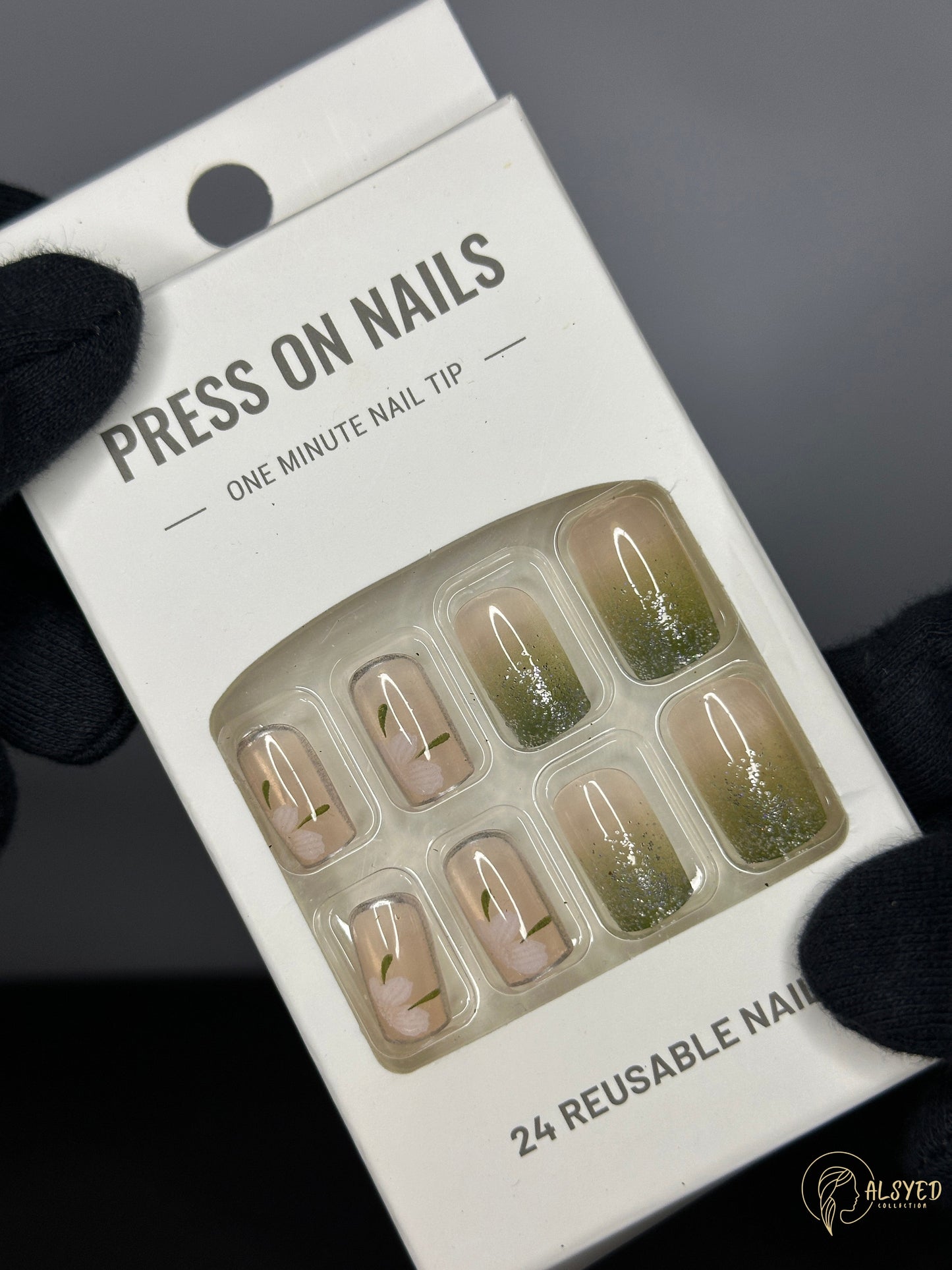 Cute & Colorful Nail Set – Pack of 24 - Pink Floral And Green Glitter
